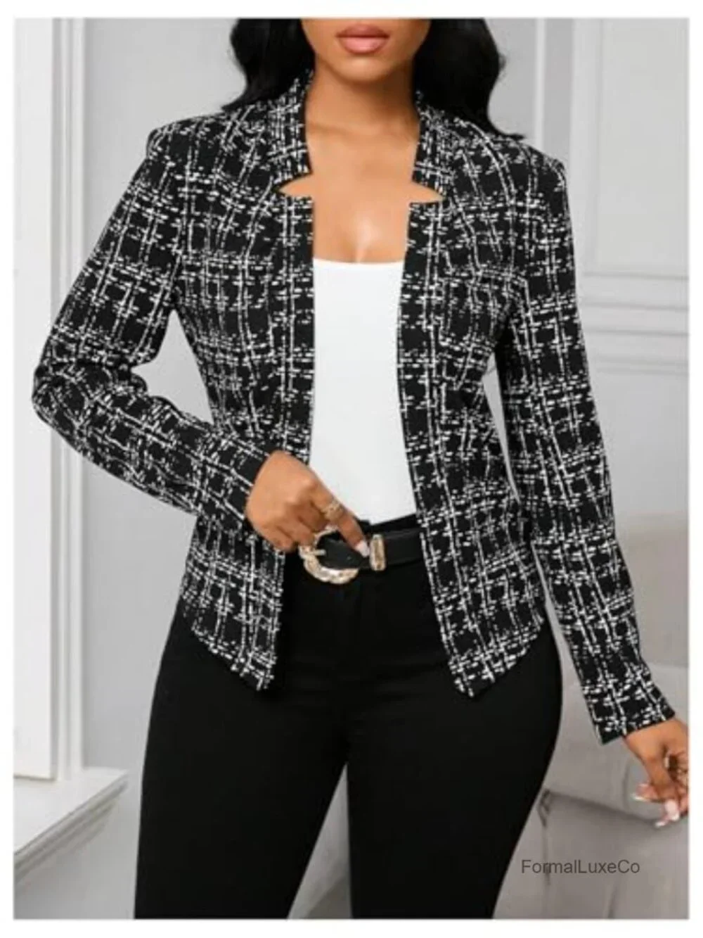 Vintage Tweed Blazer Open Front Long Sleeve Work Suit Jacket
